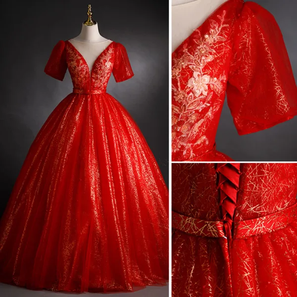 Chic / Belle Rouge Robe De Bal 2021 Robe Boule Encolure Dégagée Perlage Paillettes Manches Courtes Dos Nu Ceinture Longue Robe De Ceremonie