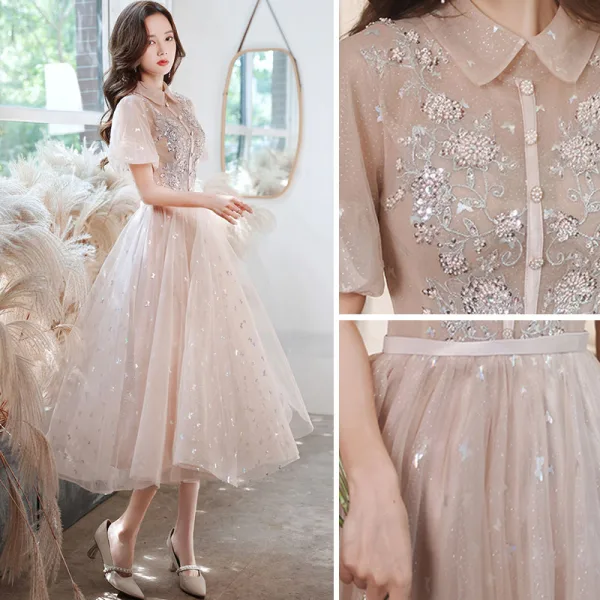 Charmant Rougissant Rose Robe De Soirée Robe De Bal 2021 Princesse Col Haut Papillon Appliques Paillettes En Dentelle Fleur Ceinture Manches Courtes Longue Robe De Ceremonie