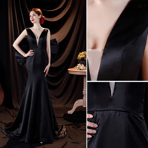 Sexy Black Satin Evening Dresses Cocktail Dresses 2021 Trumpet / Mermaid V-Neck Sleeveless Backless Bow Sweep Train Evening Party Formal Dresses