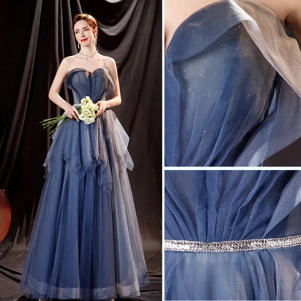 Schöne Meeresblau Ballkleider 2021 A Linie Bandeau Strass Stoffgürtel Ärmellos Rückenfreies Lange Festliche Kleider