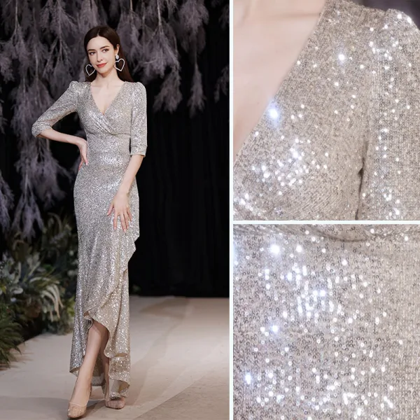 Sparkly Sexy Silver Sequins Evening Dresses 2021 Trumpet / Mermaid V-Neck 1/2 Sleeves Floor-Length / Long Evening Party Formal Dresses