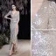 Sparkly Sexy Silver Sequins Evening Dresses 2021 Trumpet / Mermaid V-Neck 1/2 Sleeves Floor-Length / Long Evening Party Formal Dresses