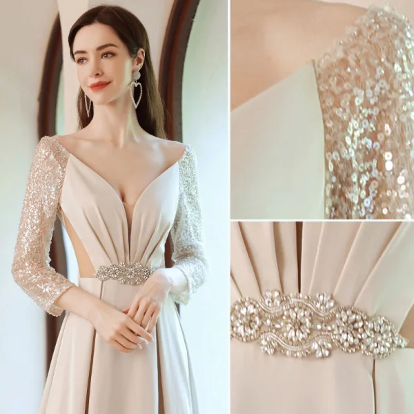 Charming Beige Beading Sequins Prom Dresses 2021 A-Line / Princess V-Neck Pearl Rhinestone Sash 3/4 Sleeve Backless Floor-Length / Long Prom Formal Dresses