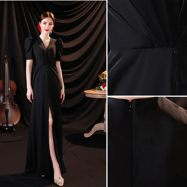 Sexy Black Split Front Evening Dresses 2021 Trumpet / Mermaid V-Neck Satin Short Sleeve Evening Party Floor-Length / Long Formal Dresses