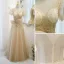 Élégant Champagne Robe De Bal Princesse 2021 V-Cou Noeud Paillettes Perle Manches Courtes Dos Nu Longue Robe De Ceremonie