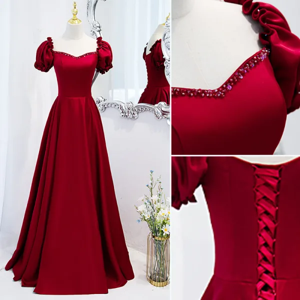Chic / Beautiful Burgundy Prom Dresses 2021 Satin A-Line / Princess Square Neckline Beading Ruffle Short Sleeve Backless Floor-Length / Long Formal Dresses