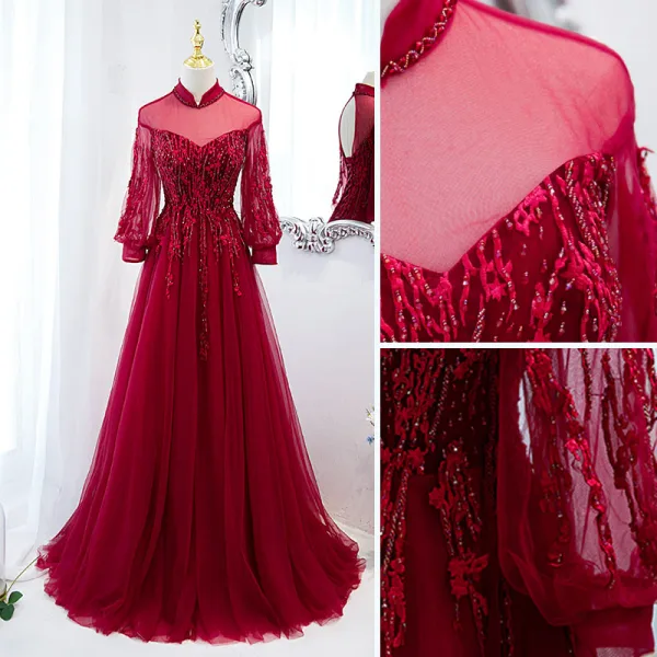 Chic / Belle Bordeaux Robe De Bal 2021 Princesse Col Haut Perlage Faux Diamant Paillettes 3/4 Manches Dos Nu Train De Balayage Promo Robe De Ceremonie