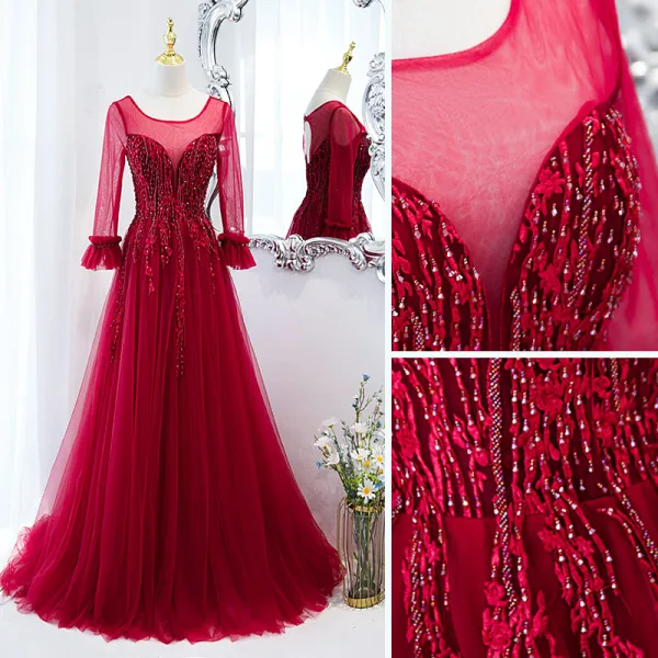 Chic / Belle Bordeaux Robe De Bal 2021 Princesse U-Cou Perlage En Dentelle Fleur Manches Longues Dos Nu Longue Promo Robe De Ceremonie