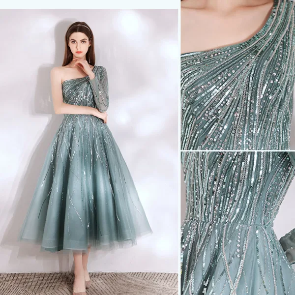 Charmant Vert Jade Paillettes Robe De Soirée 2021 Princesse Une épaule Manches Longues Dos Nu Thé Longueur Soirée Robe De Ceremonie