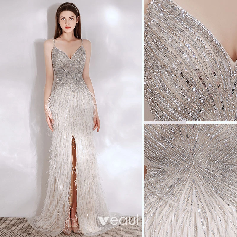 Sparkly Sexy Silver Beading Sequins Feather Evening Dresses 2021 Trumpet / Mermaid  Spaghetti Straps Sleeveless Backless Floor