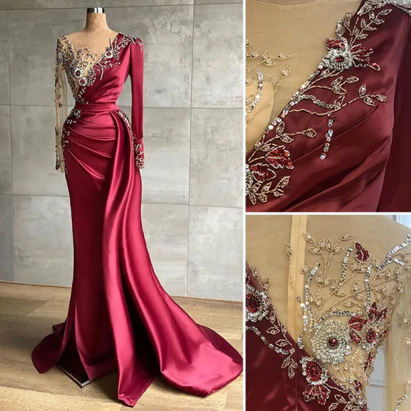 High-end Burgundy Handmade  Beading Pearl Rhinestone Evening Dresses 2021 Trumpet / Mermaid Scoop Neck Satin Long Sleeve Sweep Train Evening Party Formal Dresses