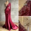 High-end Burgundy Handmade  Beading Pearl Rhinestone Evening Dresses 2021 Trumpet / Mermaid Scoop Neck Satin Long Sleeve Sweep Train Evening Party Formal Dresses