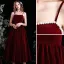 Chic / Beautiful Burgundy Homecoming Suede Graduation Dresses A-Line / Princess 2021 Spaghetti Straps Sleeveless Backless Pearl Tea-length Formal Dresses