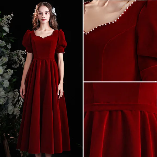 Chic / Beautiful Burgundy Suede Homecoming Graduation Dresses 2021 A-Line / Princess Pearl Square Neckline Puffy Short Sleeve Backless Bow Tea-length Formal Dresses