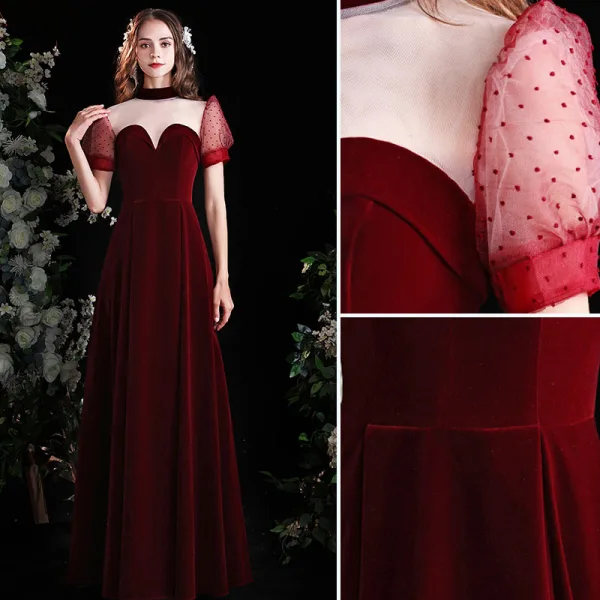 Elegant Burgundy Suede Prom Dresses 2021 A-Line / Princess High Neck Short Sleeve Backless Tea-length Prom Formal Dresses