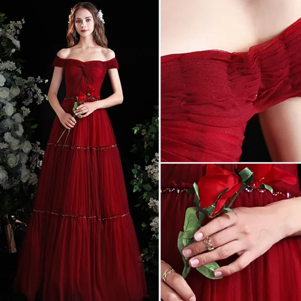 Charming Burgundy Pleated Prom Dresses 2021 A-Line / Princess Off-The-Shoulder Sleeveless Backless Split Front Floor-Length / Long Formal Dresses