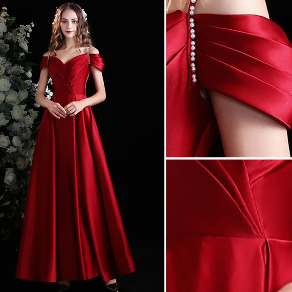 Elegant Burgundy Satin Prom Dresses 2021 A-Line / Princess Short Sleeve Backless Floor-Length / Long Prom Formal Dresses