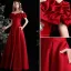 Elegant Burgundy Prom Dresses 2021 A-Line / Princess Backless Ruffle Floor-Length / Long Satin Off-The-Shoulder Prom Short Sleeve Formal Dresses
