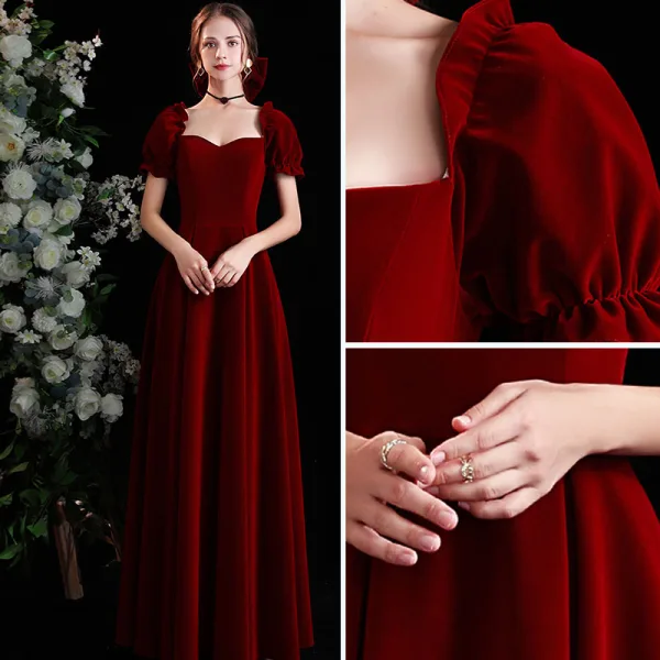 Élégant Bordeaux Daim Robe De Bal 2021 Princesse Encolure Carrée Manches Courtes Dos Nu Longue Promo Robe De Ceremonie