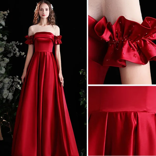 Elegant Burgundy Satin Prom Dresses 2021 A-Line / Princess Scoop Neck Ruffle Short Sleeve Backless Floor-Length / Long Formal Dresses