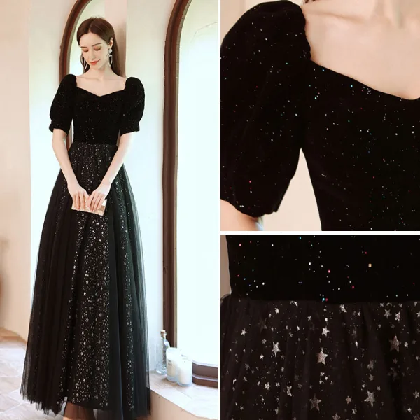 Chic / Belle Bling Bling Noire Étoile Paillettes Robe De Bal 2021 Princesse Encolure Carrée Manches Courtes Longue Robe De Ceremonie