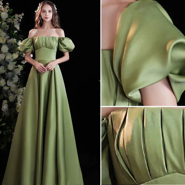 Chic / Beautiful Sage Green Satin Prom Dresses 2021 A-Line / Princess Off-The-Shoulder Puffy Short Sleeve Backless Floor-Length / Long Formal Dresses