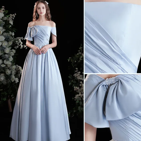 Chic / Beautiful Sky Blue Satin Prom Dresses 2021 A-Line / Princess Off-The-Shoulder Short Sleeve Backless Floor-Length / Long Prom Formal Dresses