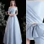 Chic / Beautiful Sky Blue Satin Prom Dresses 2021 A-Line / Princess Off-The-Shoulder Short Sleeve Backless Floor-Length / Long Prom Formal Dresses