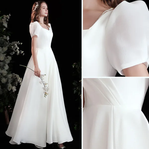 Chic / Beautiful Ivory Satin Prom Dresses 2021 A-Line / Princess Square Neckline Short Sleeve Backless Floor-Length / Long Prom Formal Dresses