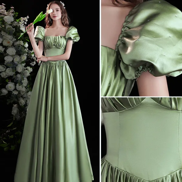 Elegant Sage Green Satin Prom Dresses 2021 A-Line / Princess Square Neckline Puffy Short Sleeve Backless Bow Floor-Length / Long Formal Dresses