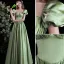 Elegant Sage Green Satin Prom Dresses 2021 A-Line / Princess Square Neckline Puffy Short Sleeve Backless Bow Floor-Length / Long Formal Dresses