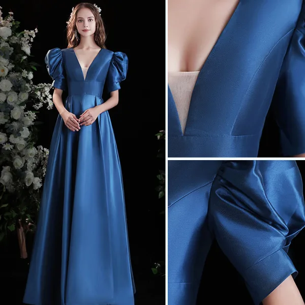 Vintage / Retro Royal Blue Satin Prom Dresses 2021 A-Line / Princess V-Neck Puffy Short Sleeve Backless Floor-Length / Long Prom Formal Dresses