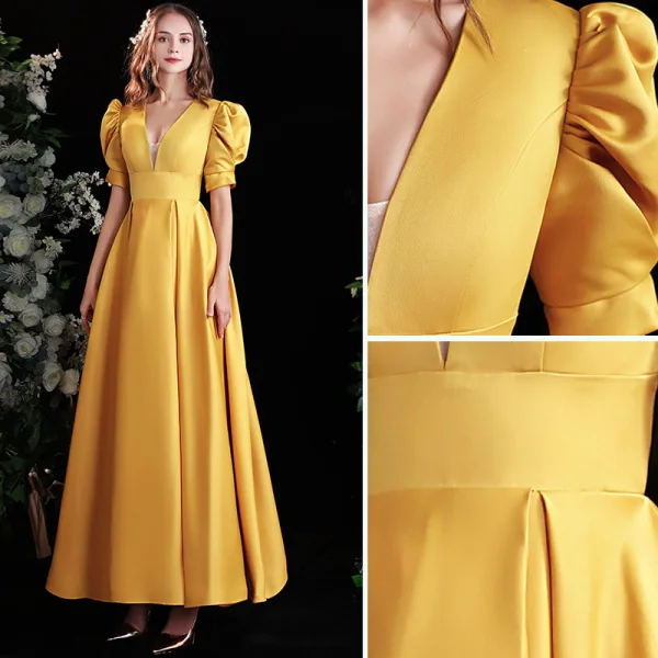 Vintage / Retro Yellow Satin Prom Dresses 2021 A-Line / Princess V-Neck Puffy Short Sleeve Backless Floor-Length / Long Formal Dresses