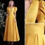 Vintage / Retro Yellow Satin Prom Dresses 2021 A-Line / Princess V-Neck Puffy Short Sleeve Backless Floor-Length / Long Formal Dresses
