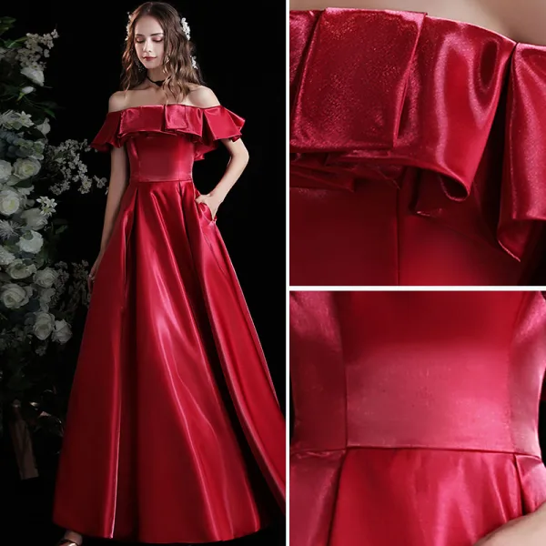 Modest / Simple Burgundy Satin Prom Dresses 2021 A-Line / Princess Off-The-Shoulder Short Sleeve Backless Floor-Length / Long Formal Dresses