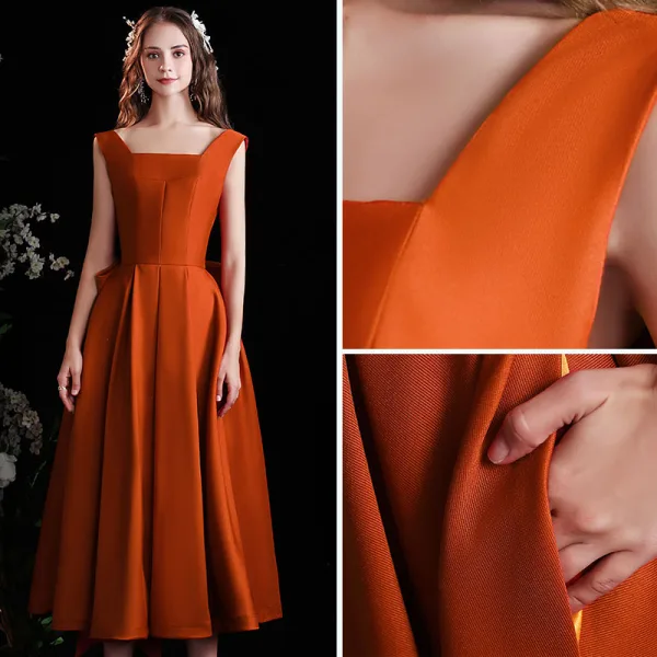 Fashion Orange Homecoming Satin Graduation Dresses 2021 A-Line / Princess  Square Neckline Sleeveless Backless Bow Tea-