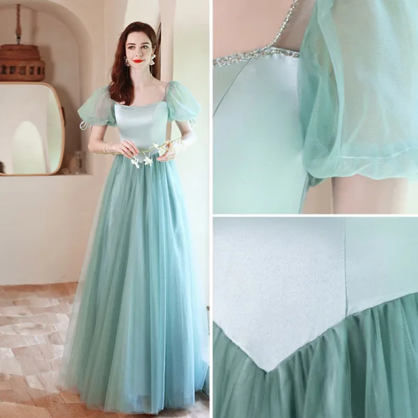Elegant Mint Green Prom Dresses 2021 A-Line / Princess Square Neckline Puffy Short Sleeve Backless Bow Floor-Length / Long Formal Dresses