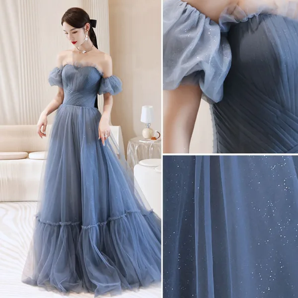 Schöne Blau Ballkleider 2021 A Linie Off Shoulder Geschwollenes Kurze Ärmel Rückenfreies Sweep / Pinsel Zug Festliche Kleider