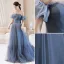 Schöne Blau Ballkleider 2021 A Linie Off Shoulder Geschwollenes Kurze Ärmel Rückenfreies Sweep / Pinsel Zug Festliche Kleider