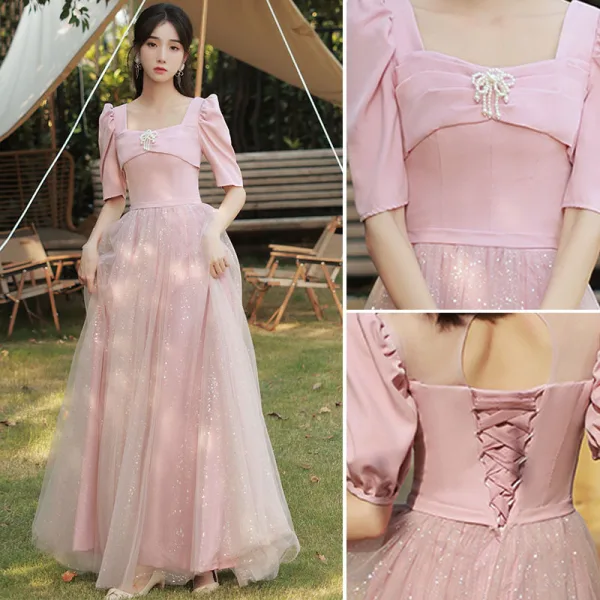 Chic / Belle Rose Bonbon Perle Robe Demoiselle D'honneur 2021 Princesse Manches Courtes Dos Nu Paillettes Longue Robe Pour Mariage