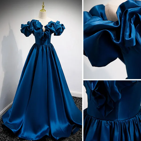 Fashion Royal Blue Satin Prom Dresses 2021 A-Line / Princess Ruffle Off-The-Shoulder Sleeveless Backless Floor-Length / Long Prom Formal Dresses