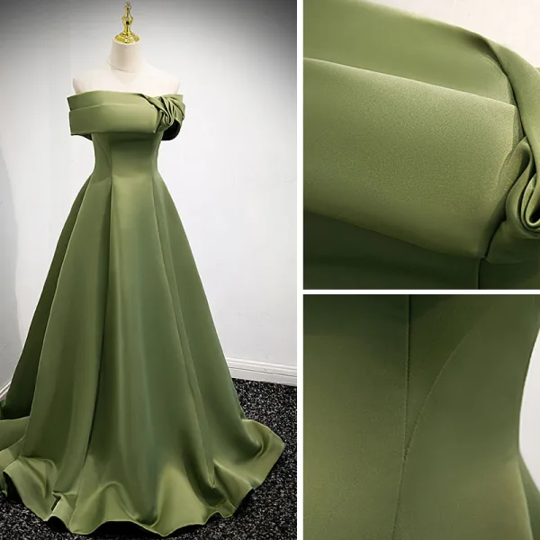 Modest / Simple Clover Green Satin Prom Dresses 2021 A-Line / Princess Off-The-Shoulder Short Sleeve Backless Sweep Train Prom Formal Dresses