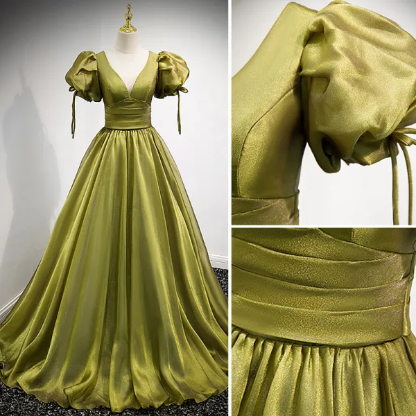 Modest / Simple Clover Green Satin Prom Dresses 2021 A-Line / Princess V-Neck Puffy Short Sleeve Backless Floor-Length / Long Formal Dresses
