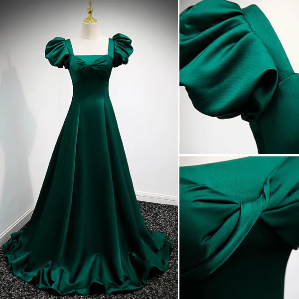 Vintage / Retro Dark Green Satin Prom Dresses 2021 A-Line / Princess Square Neckline Puffy Short Sleeve Backless Floor-Length / Long Prom Formal Dresses