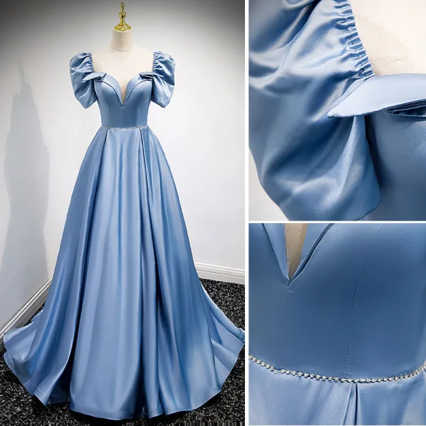 Mode Bleu Ciel Satin Robe De Bal 2021 Princesse Encolure Carrée Gonflée Manches Courtes Dos Nu Perlage Perle Noeud Faux Diamant Ceinture Longue Promo Robe De Ceremonie