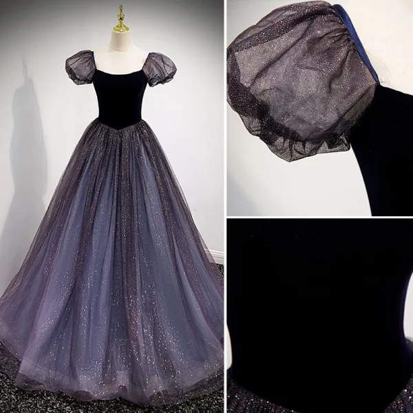 Glitzernden Schwarz Prinzessin Ballkleider 2021 Eckiger Ausschnitt Pailletten Ärmel Rückenfreies Lange Ball Festliche Kleider