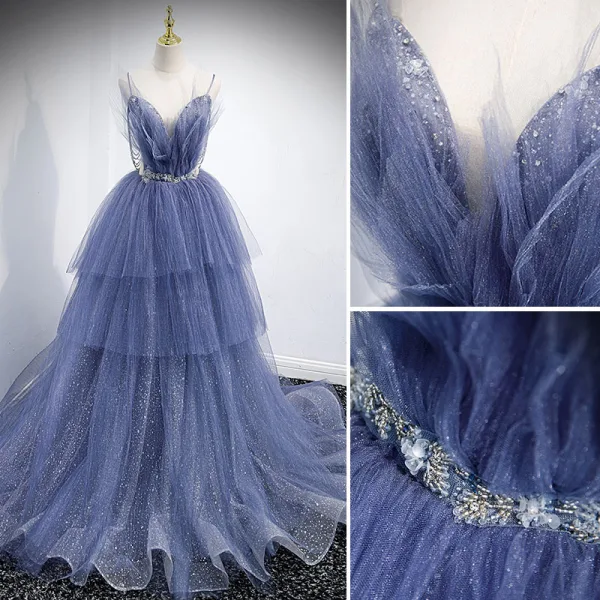 Charmant Himmelblau Fallende Rüsche Ballkleider 2021 A Linie Spaghettiträger Perlenstickerei Strass Pailletten Ärmellos Rückenfreies Sweep / Pinsel Zug Ball Festliche Kleider