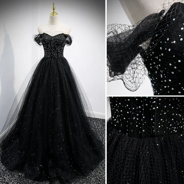 Charmant Noire Paillettes Robe De Bal 2021 Princesse De l'épaule Manches Courtes Dos Nu Longue Promo Robe De Ceremonie