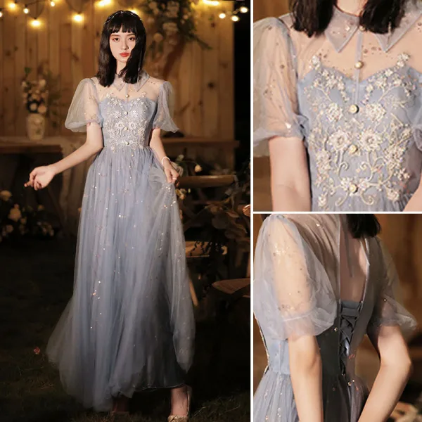 Fashion Sky Blue Beading Sequins Bridesmaid Dresses 2021 A-Line / Princess Pearl Rhinestone Short Sleeve Backless Floor-Length / Long Wedding Party Dresses