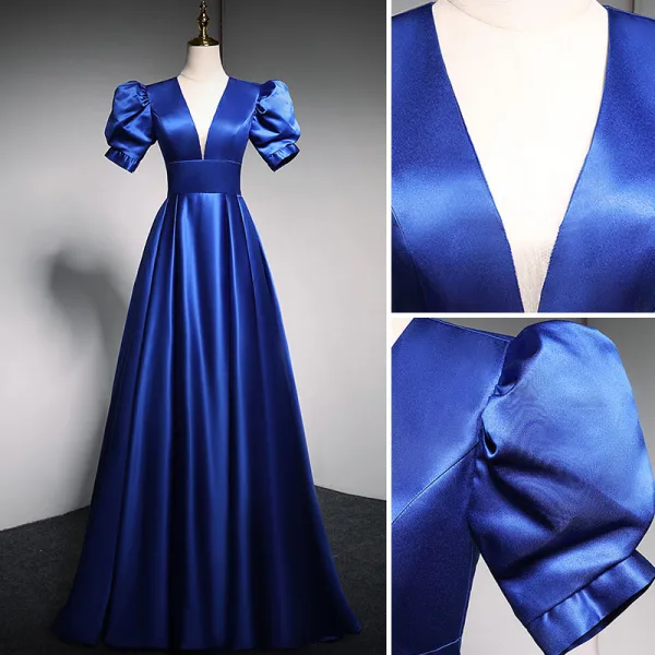 Vintage / Retro Royal Blue Prom Dresses 2021 A-Line / Princess V-Neck Puffy Short Sleeve Backless Floor-Length / Long Satin Formal Dresses